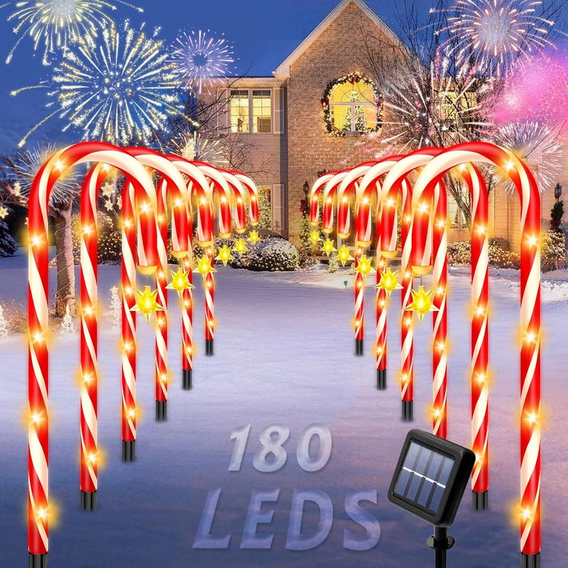SANDECO Solar Christmas Decorations Outdoor, 12 Pack Solar Candy Cane Christmas Lights 8 Lighting Modes 180 Bright LED, Waterproof Outside Xmas DIY Decorations for Pathway Yard Garden - Image 1